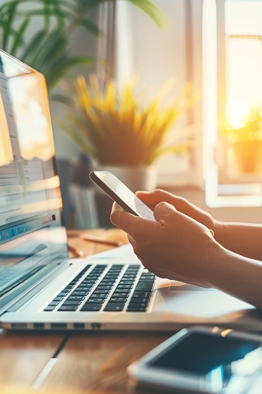 Uma pessoa usando seu smartphone para fazer contato, também em seu laptop, no estilo de uma foto de banco de imagens, um close de mãos e uma tela de telefone com um computador em segundo plano, em um ambiente de escritório, com iluminação suave, com ambiente profissional, com uma expressão focada, com tons de cores quentes.